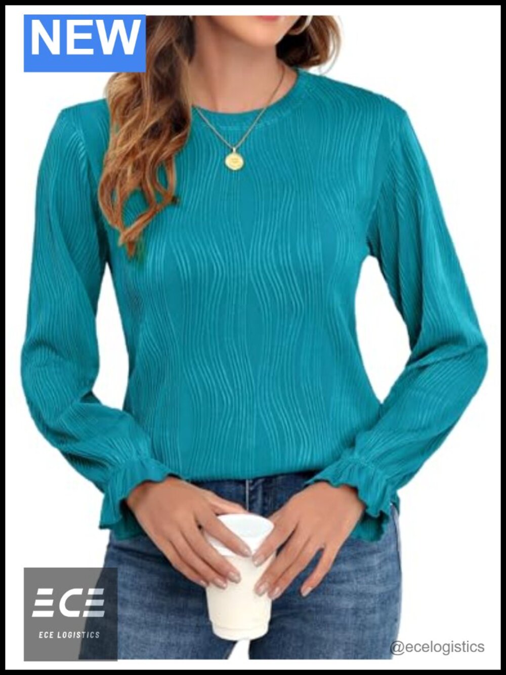 Women's Long Sleeve Knit Top Slim Fit Crewneck Textured Work Tunic